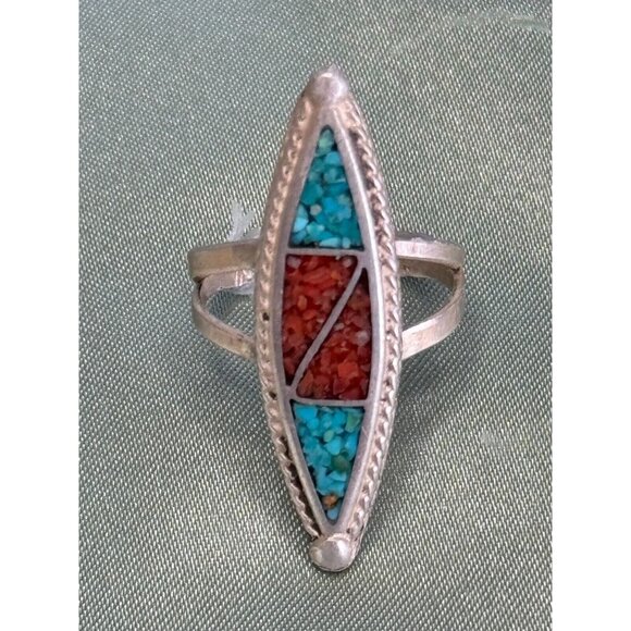 Native American Jewelry - Navajo Native American Genuine Turquoise Coral Mosaic Inlay Sterling Ring sz 5.5